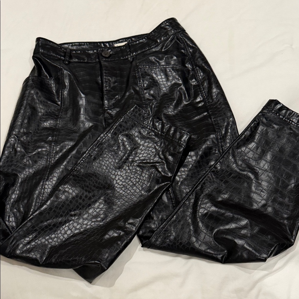 Avery Black Faux Leather Croc-Embossed Straight Leg Pants